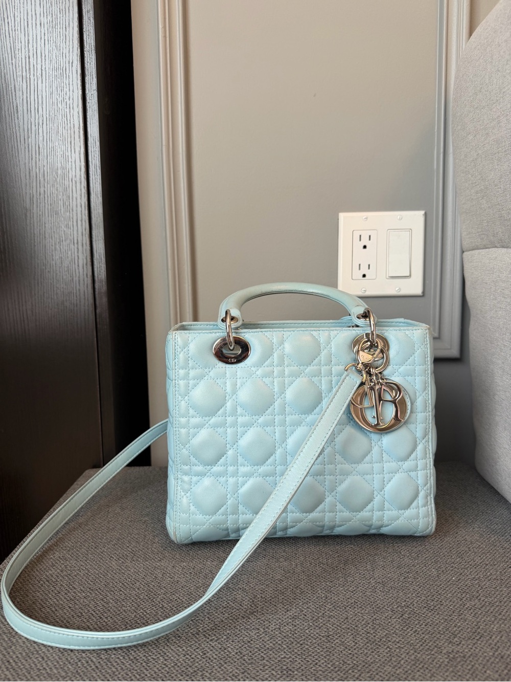 Dior Baby Blue Quilted Lady Dior Satchel with Silver Hardware